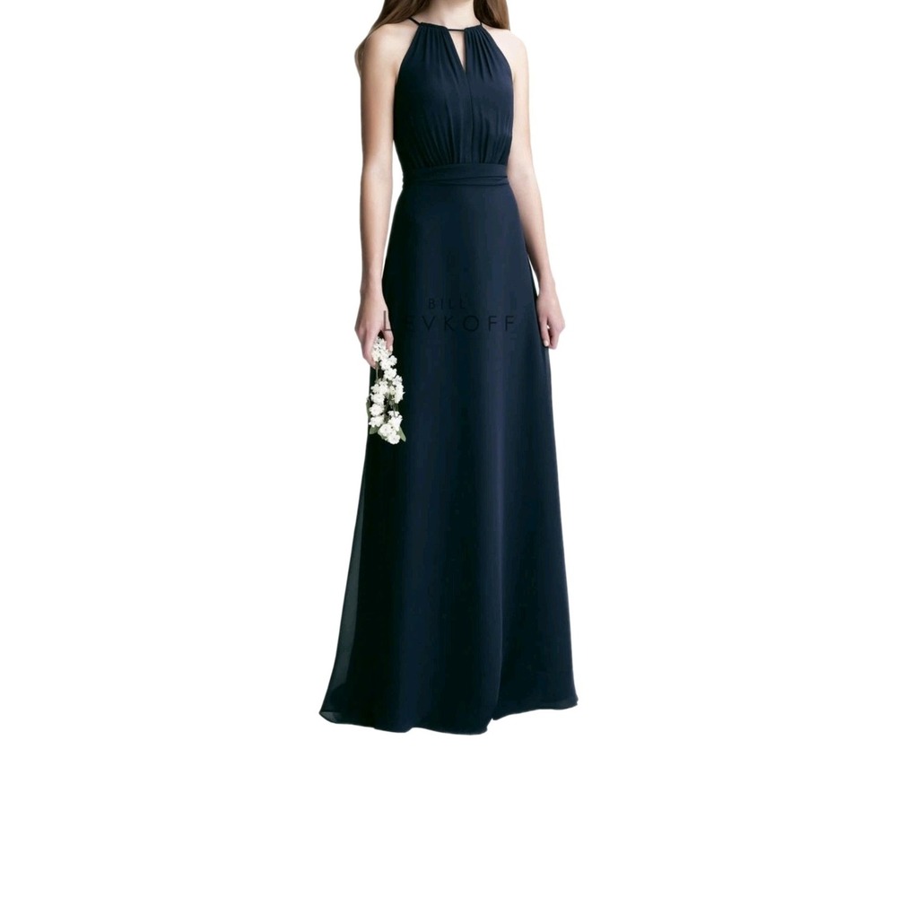 Bill Levkoff 1404 Bridesmaid Dress Size 10 Navy Blue Halter Chiffon Formal Gown